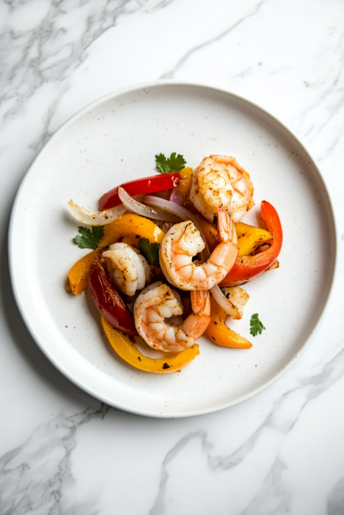 This image shows vibrant sheet pan shrimp fajitas, with perfectly cooked shrimp, colorful peppers, and onions, garnished with fresh cilantro and a sprinkle of red chili pepper flakes.