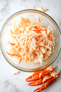 This image shows crab meat sticks being shredded into fine strips, preparing them to be mixed into the kani salad for a light, savory taste.