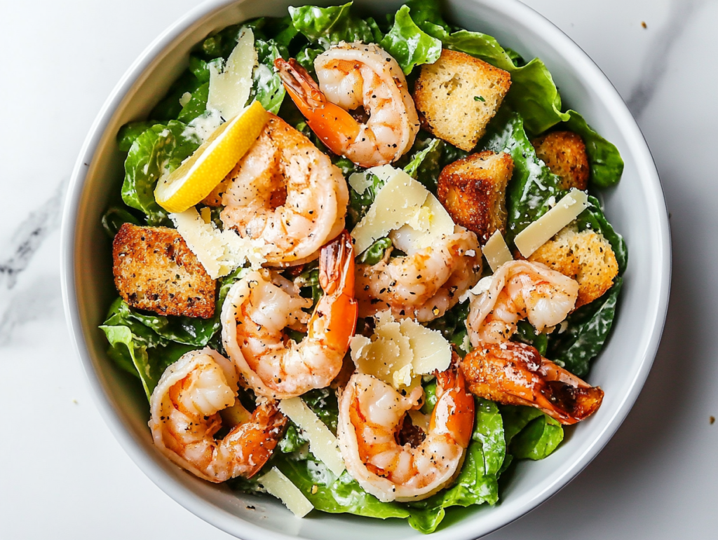 This image shows a white bowl filled with a Shrimp Caesar Salad, featuring fresh romaine lettuce, perfectly cooked shrimp, homemade croutons, shaved Parmesan cheese, and a creamy dressing, ready to be paired with a heart-healthy main course meal.