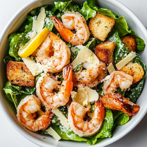 This image shows a white bowl filled with a Shrimp Caesar Salad, featuring fresh romaine lettuce, perfectly cooked shrimp, homemade croutons, shaved Parmesan cheese, and a creamy dressing, ready to be paired with a heart-healthy main course meal.