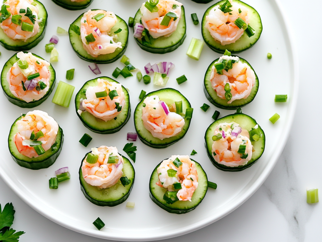 This image showcases a white round plate filled with shrimp cucumber bites, featuring round slices of cucumber topped with shrimp pieces, garnished with spring onion for a visually appealing appetizer.