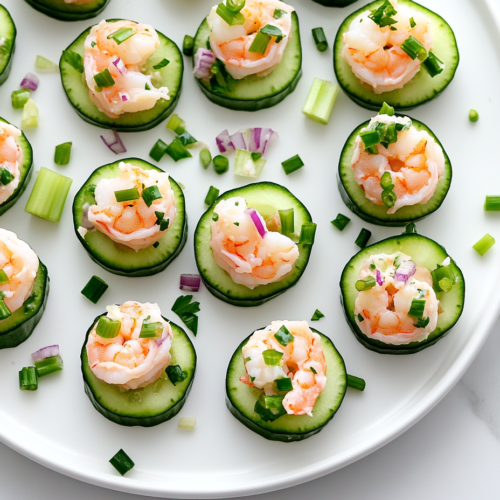 This image showcases a white round plate filled with shrimp cucumber bites, featuring round slices of cucumber topped with shrimp pieces, garnished with spring onion for a visually appealing appetizer.