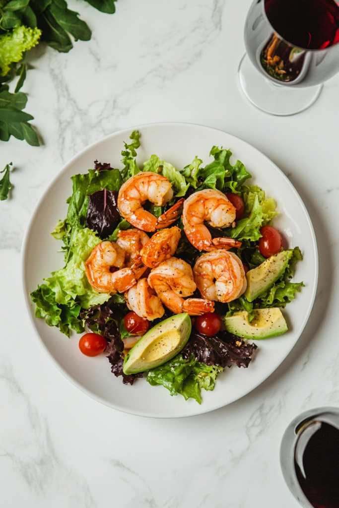 This image shows a shrimp avocado salad, featuring fresh shrimp on a bed of lettuce leaves, garnished with parsley, avocado slices, and an optional lemon wedge.