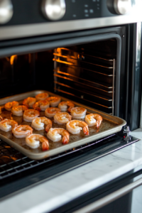 This image shows shrimp in the oven, sizzling and turning a vibrant pink color, indicating they are perfectly cooked.