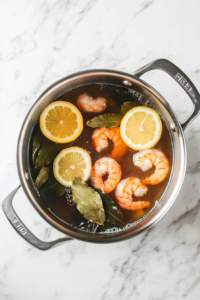 This image shows shrimp being cooked in boiling water until they turn pink and tender, an essential step before pickling.