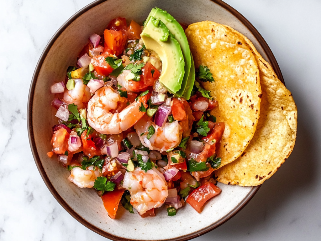 this image shows vibrant bowl of shrimp ceviche garnished with fresh cilantro, served with crispy tortilla chips on the side for dipping.