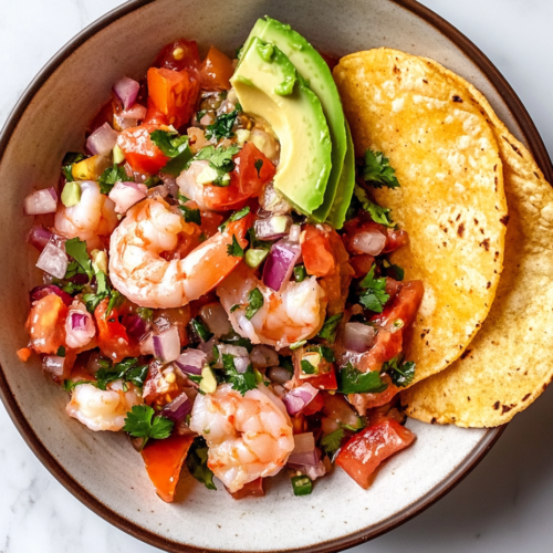 this image shows vibrant bowl of shrimp ceviche garnished with fresh cilantro, served with crispy tortilla chips on the side for dipping.