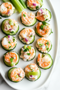 This image showcases the final presentation of shrimp cucumber bites, with cucumber slices topped with shrimp salad and garnished with spring onion for an elegant appetizer.