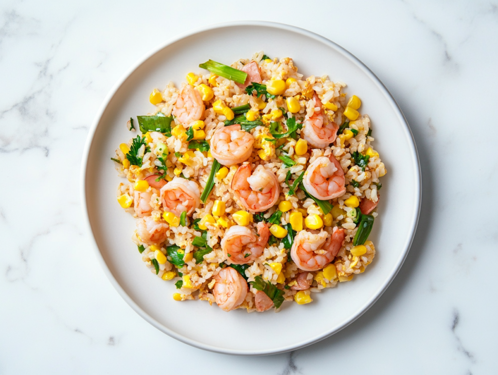 This image shows a delicious serving of shrimp fried rice on a white round plate, featuring tender shrimp, vibrant vegetables, scrambled eggs, and fragrant rice garnished with sliced green onions.