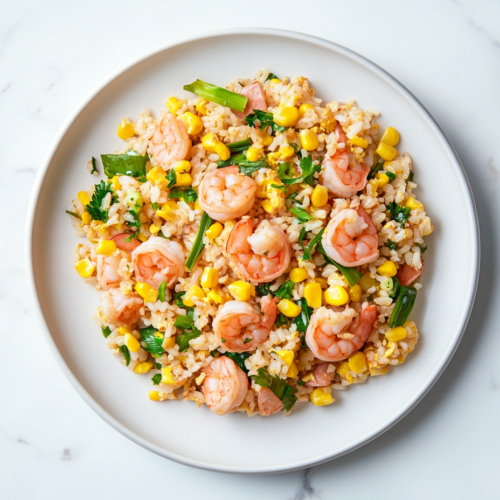 This image shows a delicious serving of shrimp fried rice on a white round plate, featuring tender shrimp, vibrant vegetables, scrambled eggs, and fragrant rice garnished with sliced green onions.