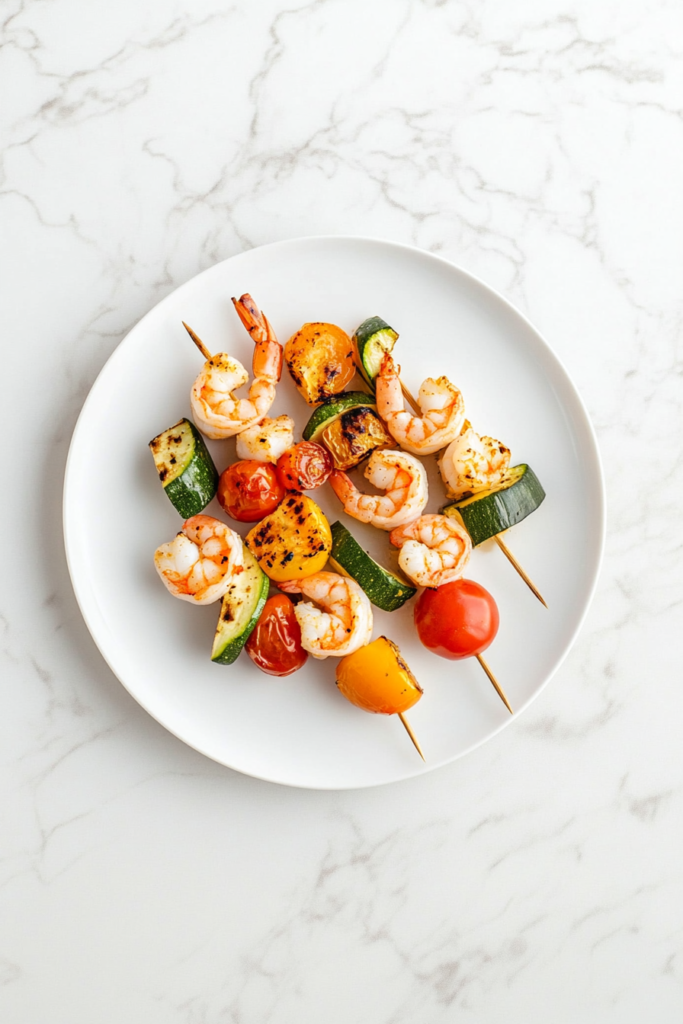 This image shows colorful shrimp kabobs on long skewers, paired with roasted zucchini and cherry tomatoes, served on a white round plate.