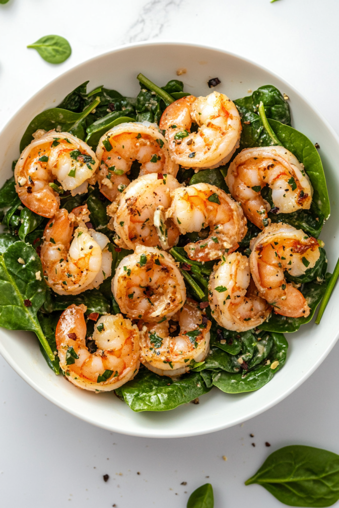 This image shows a fresh spinach salad in a white bowl topped with tender shrimp scampi, lightly seasoned with salt and pepper for a flavorful yet simple dish.