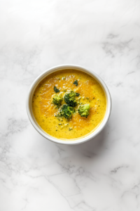 This image shows the blended vegan broccoli cheese soup simmering in a pot, ready to be served hot and garnished with fresh broccoli pieces.