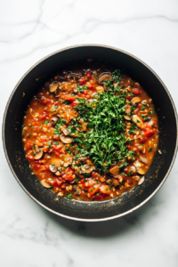 this image shows The vegan mushroom stroganoff mixture simmering in a skillet, with fresh herbs being added to enhance the flavor and aroma of the creamy sauce.