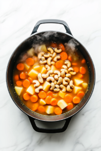 This image shows the soup ingredients, including broccoli, potatoes, and carrots, simmering in a pot to soften and blend their flavors.