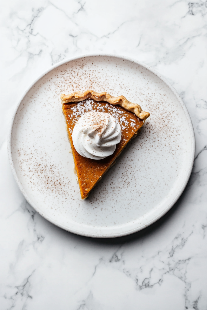 this image shows decadent slice of vegan pumpkin cream pie served on a white plate, topped with a dollop of whipped cream and a light dusting of powdered brown sugar.