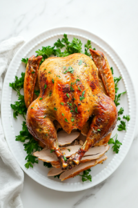 This image shows the cooked turkey breast sliced and plated, garnished with chopped cilantro and served alongside a bowl of savory gravy.