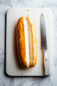 This image shows soft French rolls being sliced in half, preparing them to be filled with crispy shrimp and remoulade sauce.