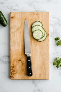 This image shows Lebanese cucumbers being sliced into thin rounds, ready to be added to the kani salad for a crisp, refreshing texture.