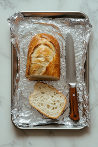 close-up of a loaf of bread sliced horizontally and placed crust-side down on a foil-lined baking sheet, ready for the cheesy topping.