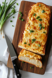 A hand using a bread knife to slice the cheesy loaf into even pieces, ready to be served as a warm and delicious appetizer.