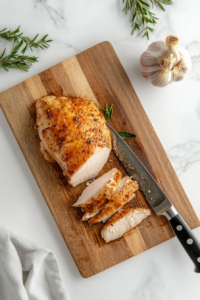 This image shows a cooked chicken breast being sliced into thin cutlets on a cutting board, preparing them for additional cooking in the air fryer.