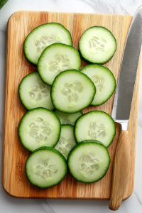 This image captures cucumbers being sliced into uniform, round pieces on a cutting board, forming the base for the shrimp cucumber bites.