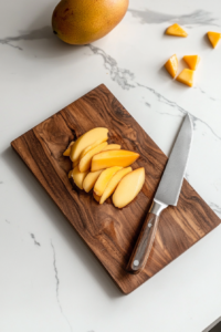 This image shows frozen mango being sliced into cubes, adding a tropical sweetness to the kani salad with its vibrant color and flavor.