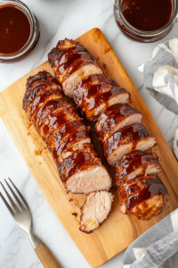 this image shows Slices of juicy pork tenderloin are placed on a plate, drizzled with the flavorful BBQ mustard sauce, and served for a hearty meal.