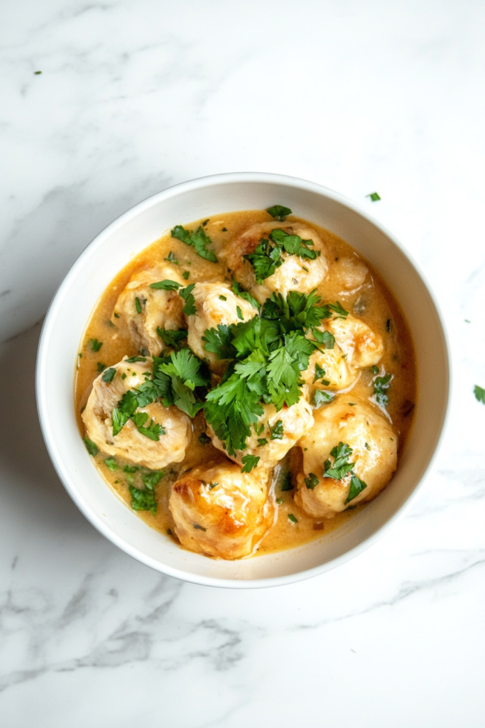 slow-cooker-chicken-and-dumplings-in-a-white-bowl-garnished-with-cilantro