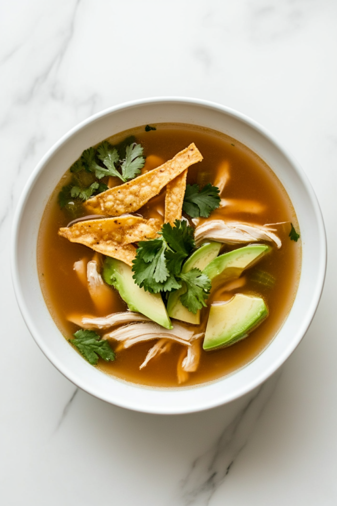 slow-cooker-chicken-tortilla-soup-garnished-with-tortilla-chips-and-avocado-in-a-white-bowl