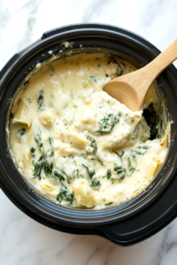 This image shows the spinach artichoke dip ingredients inside the slow cooker as the cheese melts and combines, forming a rich and creamy texture.