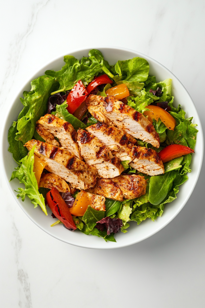 This image shows a white bowl filled with spiced grilled chicken pieces on a bed of mixed greens, tossed in a flavorful dressing made with olive oil, red wine vinegar, and freshly chopped parsley.