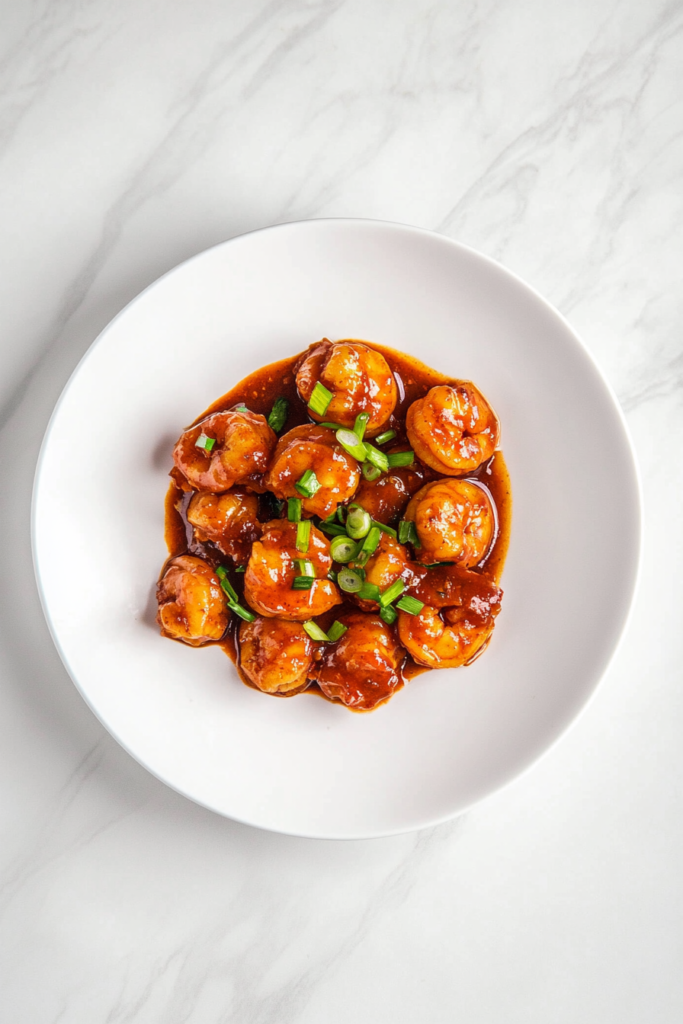 This image shows spicy island shrimp, garnished with chopped green pepper and fresh green onion, offering a tropical and zesty twist.