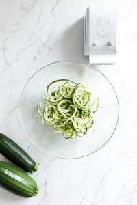 This image shows a zucchini being spiralized into thin, curly noodles using a spiralizer, creating the base for a fresh and vibrant Greek zucchini salad.