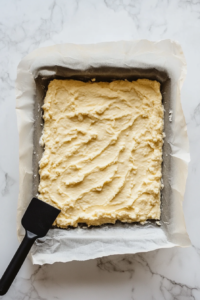 This image shows the blended mixture being evenly spread across the baking sheet with a spatula, ensuring a uniform thickness for the cottage cheese flatbread.