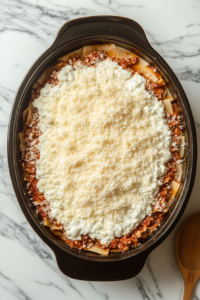 This image shows cottage cheese being spread evenly across lasagna noodles, followed by mozzarella and parmesan being sprinkled generously for a creamy and cheesy layer.