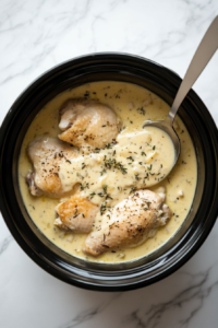 Cream of chicken soup is generously spread over chicken breasts in the Crockpot, forming a creamy layer.