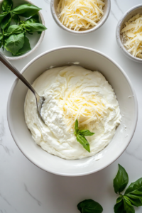 This image shows a creamy ricotta mixture being spread over the layered eggplant and sauce in preparation for the next layer of lasagna.