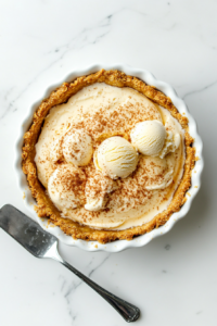 This image shows a thin layer of softened vanilla ice cream being spread evenly over the bottom of the cooled pie crust, creating a creamy base for the peach slices.