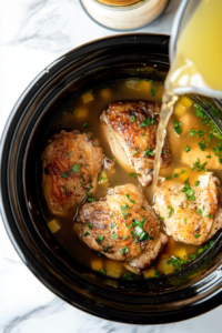 This image shows the creamy soup mixture being spread over the chicken in the crockpot, followed by adding chicken broth to enhance the dish's flavor and moisture.