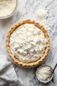 This image shows a kitchen torch being used to lightly toast the meringue topping, creating golden peaks for a caramelized finish.