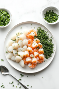 This image shows fresh herbs being sprinkled over marinated shrimp and scallops for added flavor before threading them on skewers.