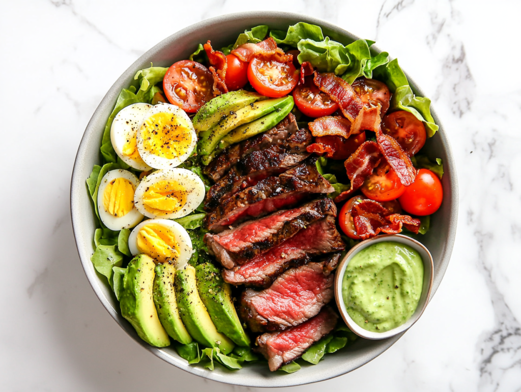 This image shows a bowl of Steak Cobb Salad with creamy avocado dressing, featuring colorful toppings like sliced avocado, cherry tomatoes, boiled eggs, bacon, and greens, creating a wholesome and satisfying dish.