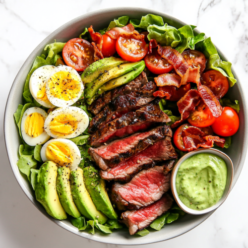 This image shows a bowl of Steak Cobb Salad with creamy avocado dressing, featuring colorful toppings like sliced avocado, cherry tomatoes, boiled eggs, bacon, and greens, creating a wholesome and satisfying dish.