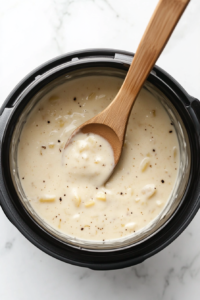 This image shows a spoon stirring the potato soup in the crockpot after the cream cheese has fully melted, achieving a rich and velvety consistency.