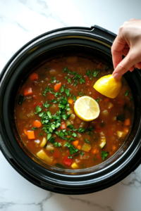 This image shows fresh parsley and a splash of lemon juice being added to the slow cooker, brightening the flavors of the Crockpot Vegetable Soup.