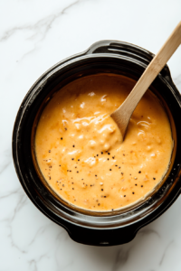 This image shows the queso dip being stirred occasionally in a crockpot, with the lid slightly ajar, ensuring a silky and well-mixed texture.