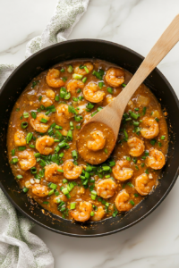 This image shows shrimp being stirred in the skillet, ensuring they are evenly coated with the honey mustard garlic sauce for a flavorful finish.