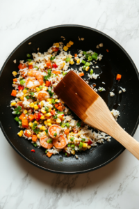 This image shows soy sauce and seasonings being mixed into the shrimp fried rice, giving the dish its signature savory and aromatic flavor.